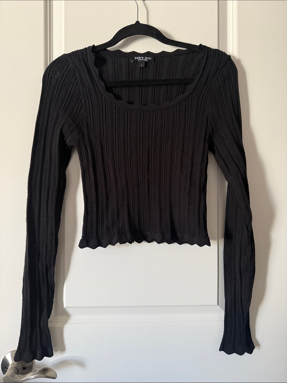 SHEIN Black Ribbed Scoop Neck Long Sleeve Top
